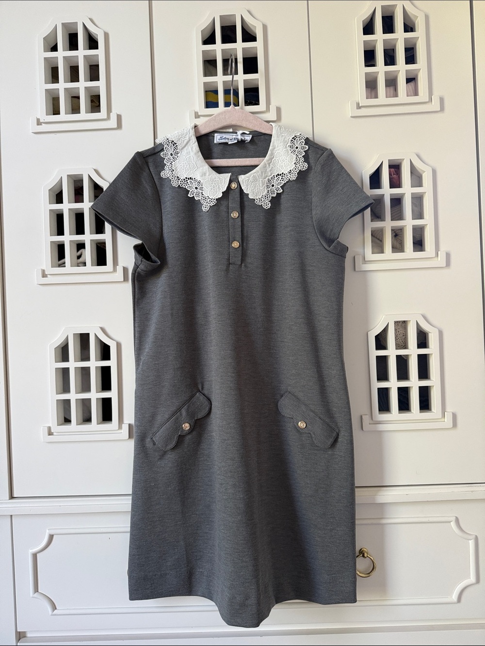 Tartine et Chocolat Gray Dress with White Lace Collar